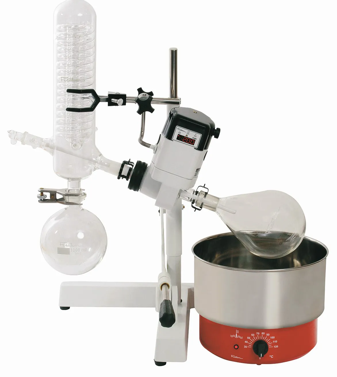 Evaporador Rotativo Modelo 802 para 50 a 120 °C, acompanha vidraria de 1 L, suporte manual e banho de aquecimento analógico (modelo 550)